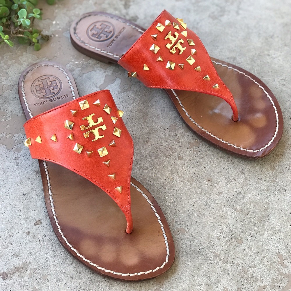 Tory Burch Orange Gold Studded Thongs Flip Flops